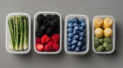 Freshly prepared vegetable and berry containers arranged on a gray surface