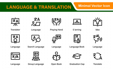 Language and translation web icon set in line style. Language translation, linguistics, speaking, dictionary, listening skills, writing, translate, collection.
