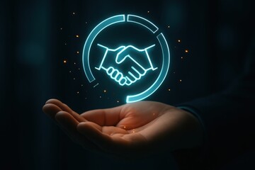 Hand holding glowing handshake icon human palm