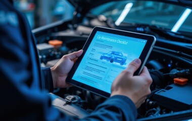 Modern car service with tablet inspection and diagnostics for mechanic