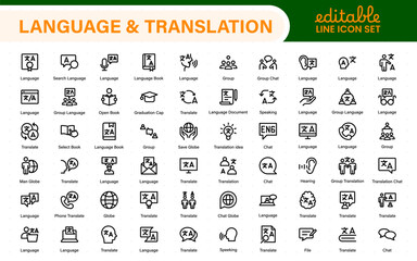 Language and translation web icon set in line style. Language translation, linguistics, speaking, dictionary, listening skills, writing, translate, collection.