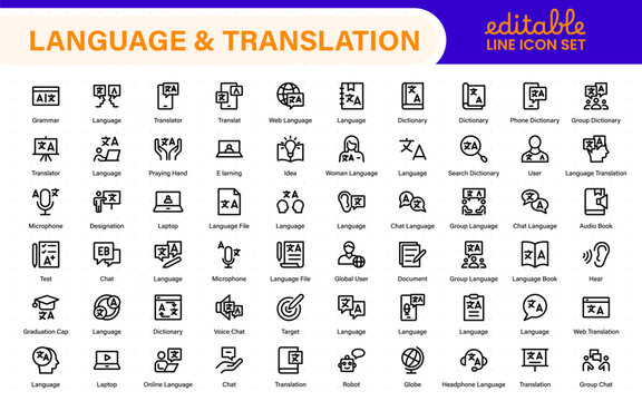 Language and translation web icon set in line style. Language translation, linguistics, speaking, dictionary, listening skills, writing, translate, collection.