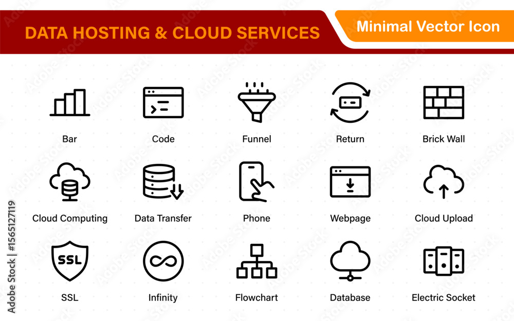 Wall mural data hosting and cloud services icons. linear style icon bundle.outline icon collection.