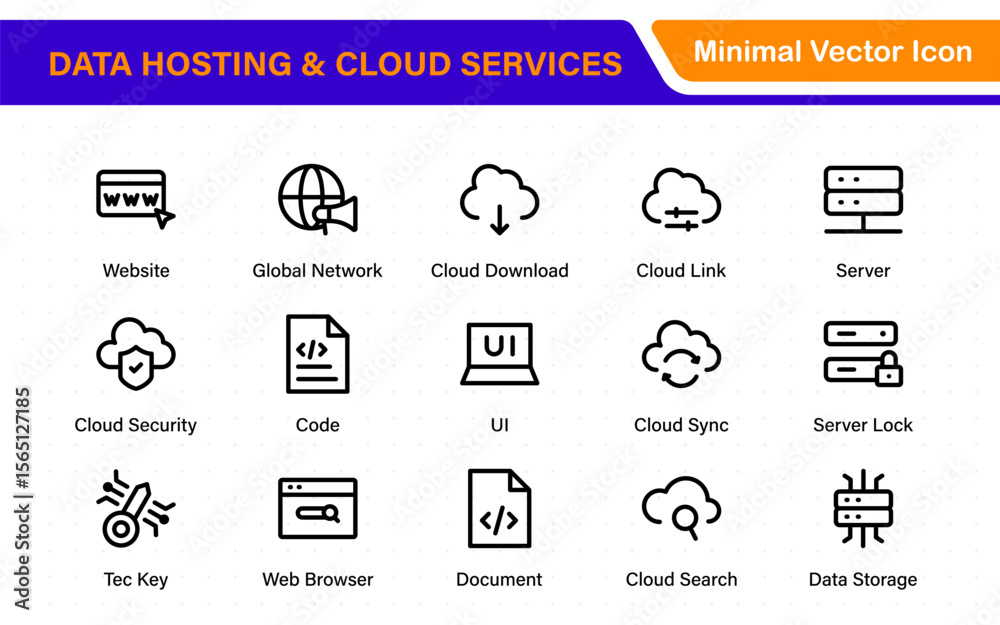 Wall mural data hosting and cloud services icons. linear style icon bundle.outline icon collection.