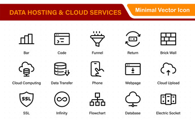 Data hosting and cloud services icons. Linear style icon bundle.Outline icon collection.