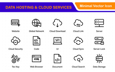Data hosting and cloud services icons. Linear style icon bundle.Outline icon collection.