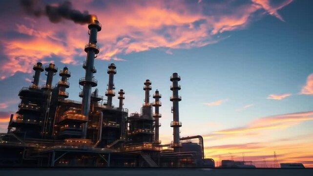 Oil refinery industry, petrochemical plant under dramatic sunset sky. Energy sector infrastructure with towers, tanks, pipelines. 4k video