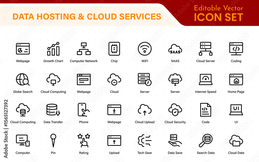 Wall mural data hosting and cloud services icons. linear style icon bundle.outline icon collection.