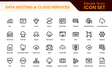 Data hosting and cloud services icons. Linear style icon bundle.Outline icon collection.
