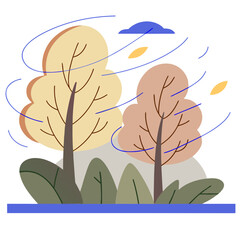 Windy autumn trees with falling leaves flat illustration