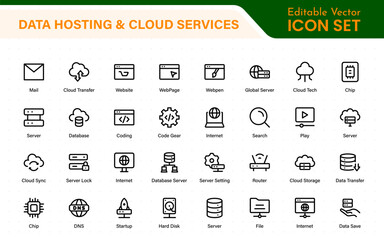 Data hosting and cloud services icons. Linear style icon bundle.Outline icon collection.