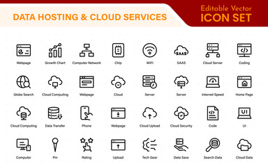 Data hosting and cloud services icons. Linear style icon bundle.Outline icon collection.
