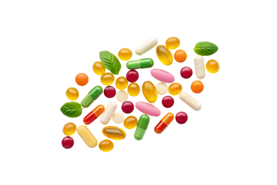 Assorted vitamins, pills, capsules, and tablets with green leaves scattered in circular arrangement, isolated on a transparent background - Powered by Adobe