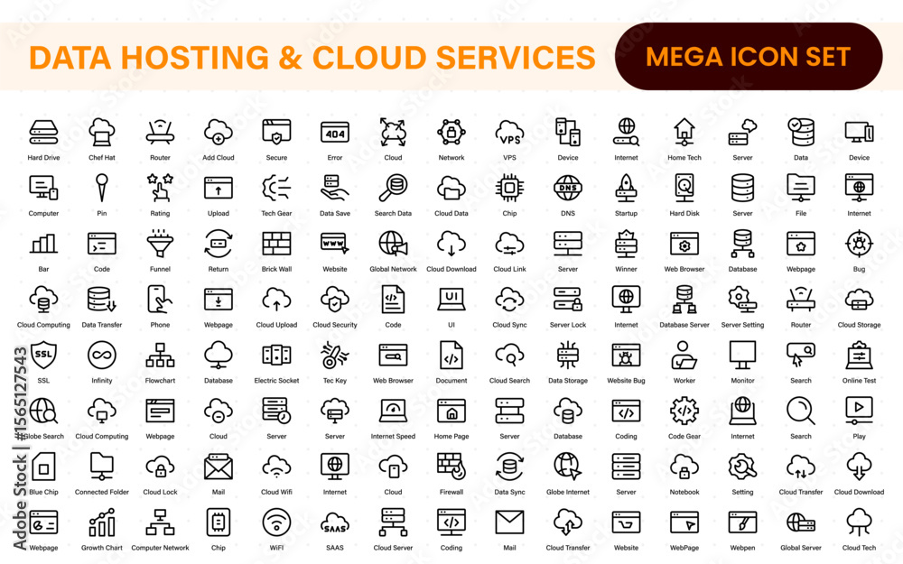Wall mural data hosting and cloud services icons. linear style icon bundle.outline icon collection.