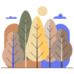Colorful autumn trees with sun and clouds flat illustration