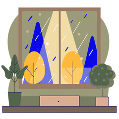 Rainy autumn landscape through window flat illustration