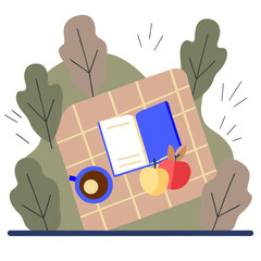 Autumn picnic blanket with coffee book and apples flat illustration