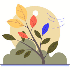 Colorful autumn tree with falling leaves flat illustration