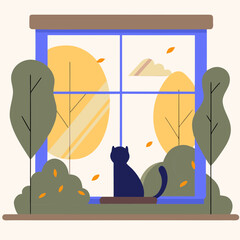 Cat sitting on windowsill looking at autumn trees flat illustration