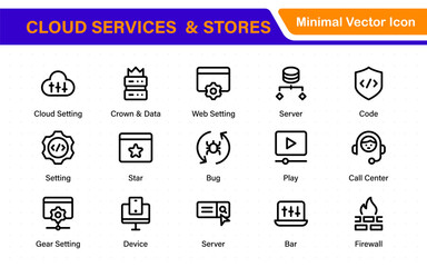 Cloud services and web hosting icons Set. Linear style icon bundle.Outline icon collection.