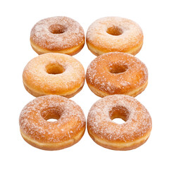 Six donuts with sugar isolated on transparent background  
