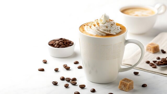 Freshly brewed latte with whipped cream and coffee beans arrangement on white surface