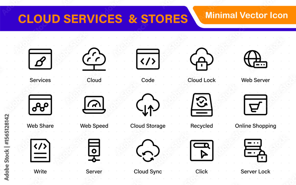 Wall mural cloud services and web hosting icons set. linear style icon bundle.outline icon collection.