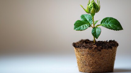 fresh rose seedling thrives in biodegradable pot displaying lush green leaves and small buds, highlighting sustainable agricultural practices and vibrant growth