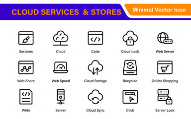 Cloud services and web hosting icons Set. Linear style icon bundle.Outline icon collection.