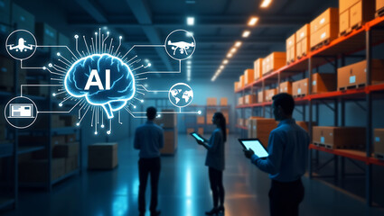 Artificial intelligence brain network connecting to drone laptop and global logistics in a modern warehouse