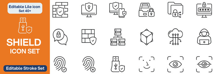 Big set of shield line icons. Protection, security, defense, guard etc. Editable stroke