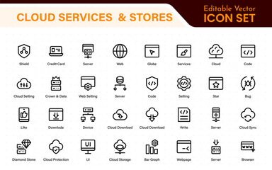 Cloud services and web hosting icons Set. Linear style icon bundle.Outline icon collection.