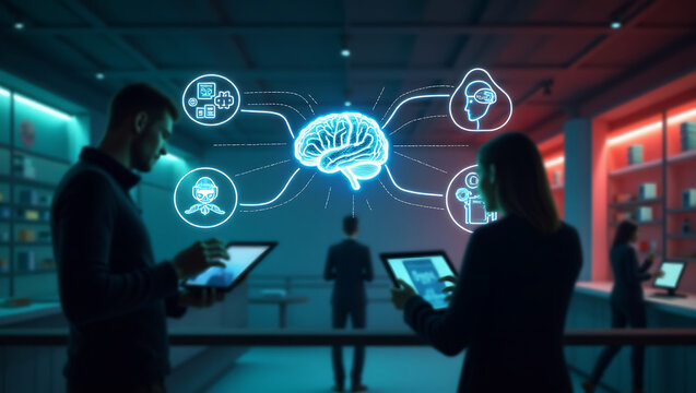 People interacting with a glowing digital brain interface showing data connections and icons in a modern office environment