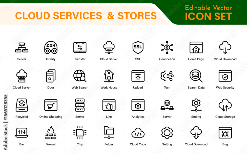 Poster cloud services and web hosting icons set. linear style icon bundle.outline icon collection.