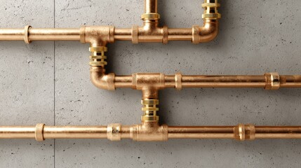 Fototapeta premium Copper plumbing pipes connected with fittings against a gray concrete wall, showcasing industrial and modern pipework.