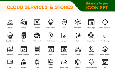 Cloud services and web hosting icons Set. Linear style icon bundle.Outline icon collection.