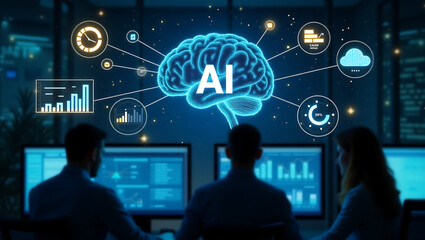 Team of professionals analyzing ai data and digital brain interface with futuristic charts and graphs in a modern office setting