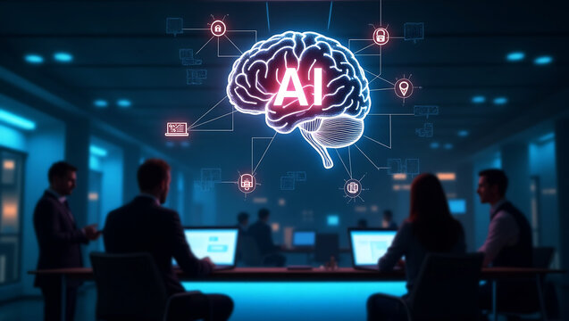 Team collaborating on artificial intelligence advancements in a modern office with glowing brain and network icons symbolizing data and connectivity