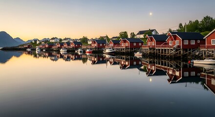 Serene Reflections Red Fishing Cabins on Calm Waters at Sunset