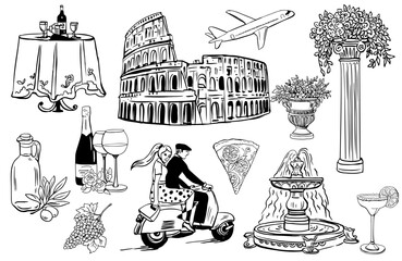 Naklejka premium Romantic Rome Travel Elements – Hand Drawn Italian Landmarks and Food.Linear Illustrations of Italian Vacation Symbols