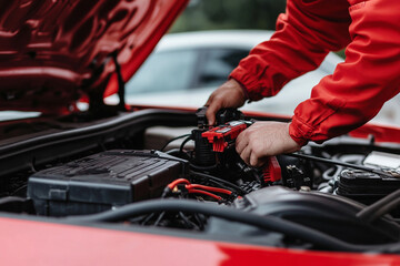 Auto electrician diagnosing battery problems in engine