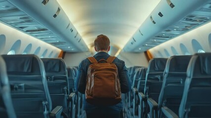 Person with backpack walking airplane aisle