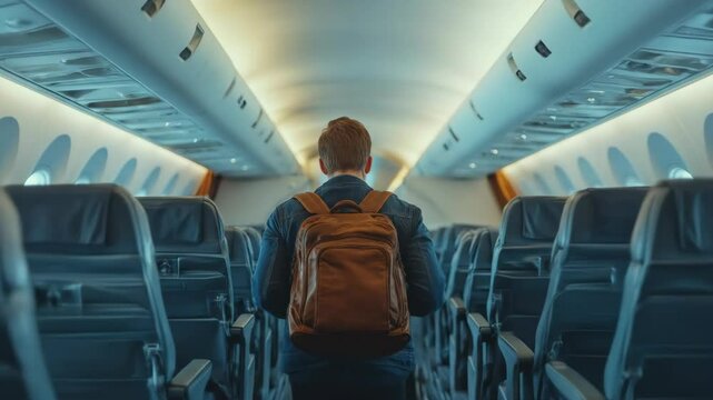Person with backpack walking airplane aisle