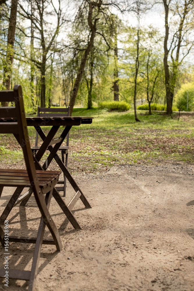 Poster Wooden table and chairs are set up in a serene park surrounded by trees, offering a peaceful spot to relax and enjoy nature on a sunny day.