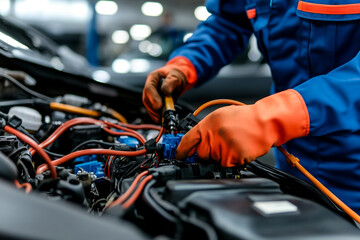 Auto electrician repairs vehicle battery issue in workshop