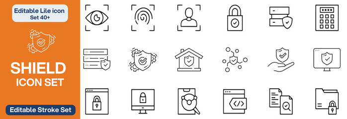 Naklejka premium Big set of shield line icons. Protection, security, defense, guard etc. Editable stroke