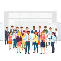 A large team of twelve staff are setting up for a trade show. They are in a modern workspace with glass walls and open layouts.