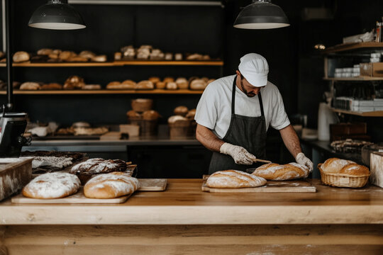 Baker preparing fresh bread in a busy bakery during morning hours