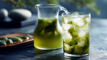 石板の上に並ぶ和の冷煎茶とガラス