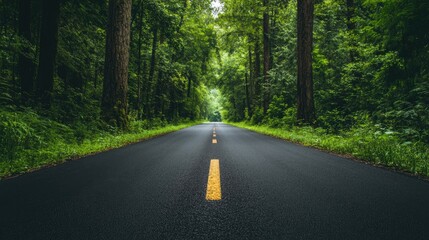 Obraz premium Forest Road Perspective: Asphalt Path Through Emerald Canopy with Yellow Center Line